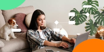 service level agreements (SLA) are being represented by a woman working remotely in her home settings, while a process map floats around her to represent the service management and the SLAs met