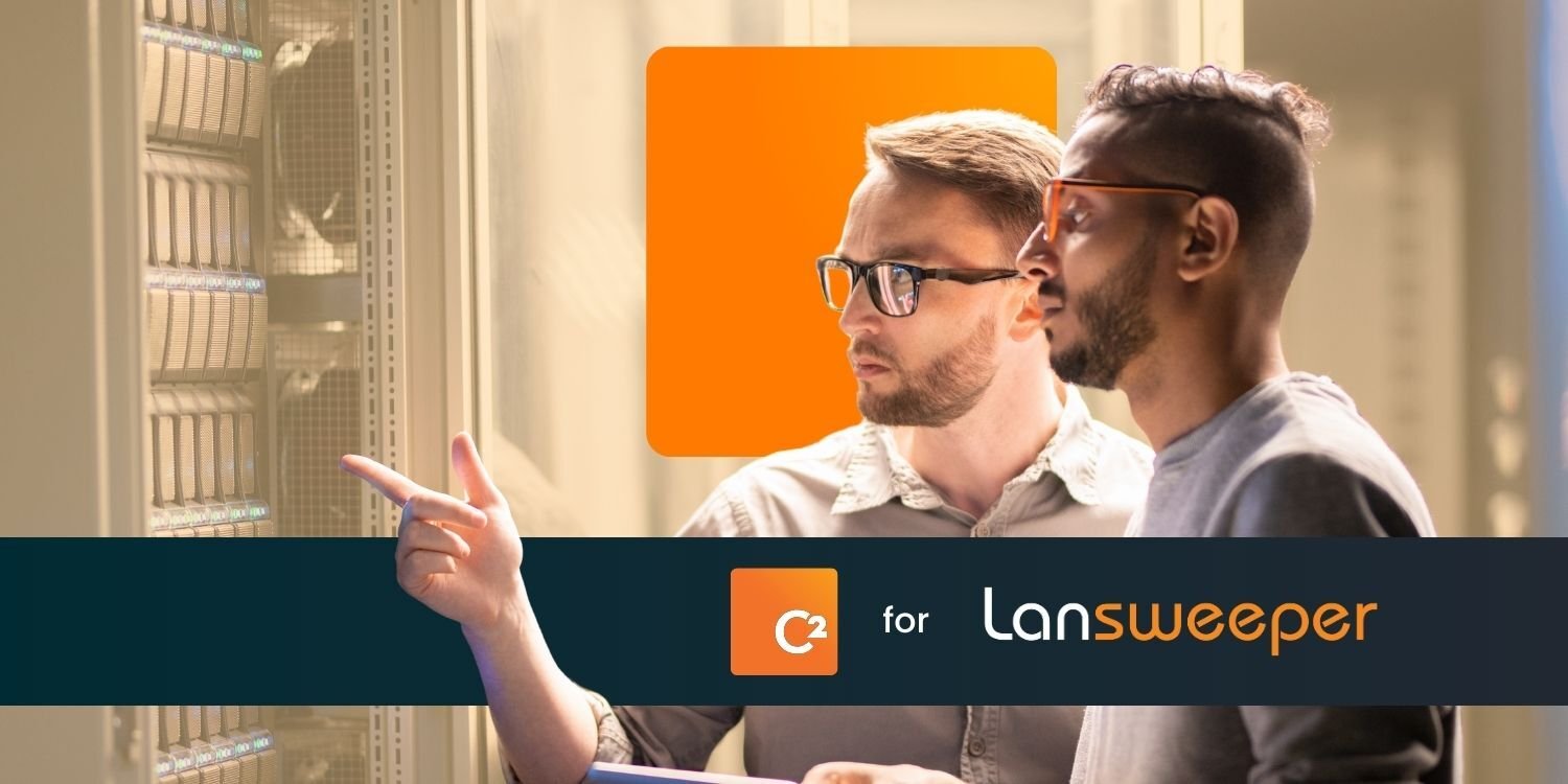 Two IT professionals examining a server rack, with the C2 for Lansweeper logo overlayed, highlighting the new integration for IT asset management and automation.