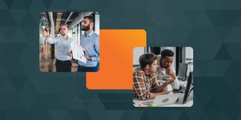 Two teams collaborating in modern workspaces, discussing processes and data, representing how enterprise service management connects people, workflows, and visibility across departments