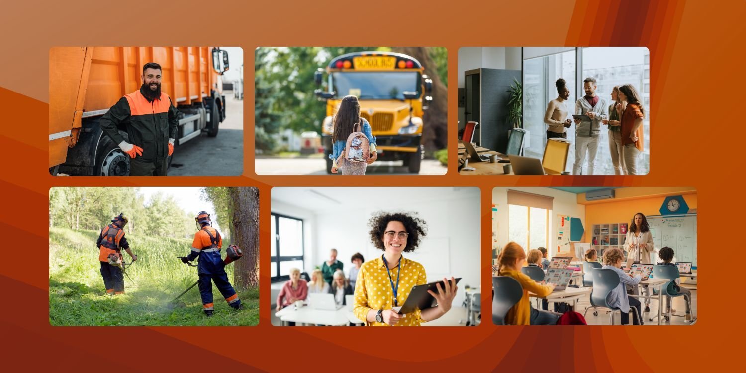 Collage showing enterprise service management in action: municipal workers, school staff, teachers, and office employees using structured services beyond IT
