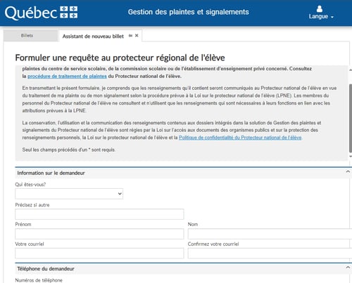 Exemple de formulairte de gestion de plainte pour le Formuler une requête au protecteur régional de l'élève via C2 ITSM