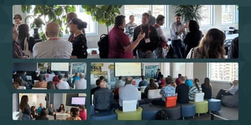 Collage de photos de l’événement C2 2025 montrant des participants en discussion, des présentations en salle et des tables rondes collaboratives. La première image montre des clients et membres de l’équipe C2 qui échangent debout près des fenêtres. Les deux images du bas montrent des groupes assis lors de présentations sur la vision produit et des discussions en petits groupes autour de thématiques TI.